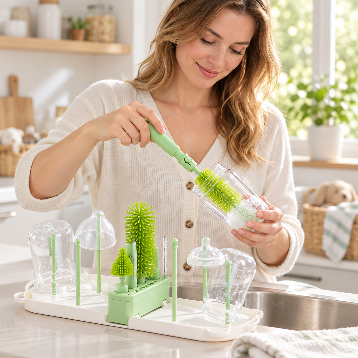 🧼 Bottle Brush Set | Food-Grade Silicone | Travel Cleaning | New Parents | Portable Drying Kit