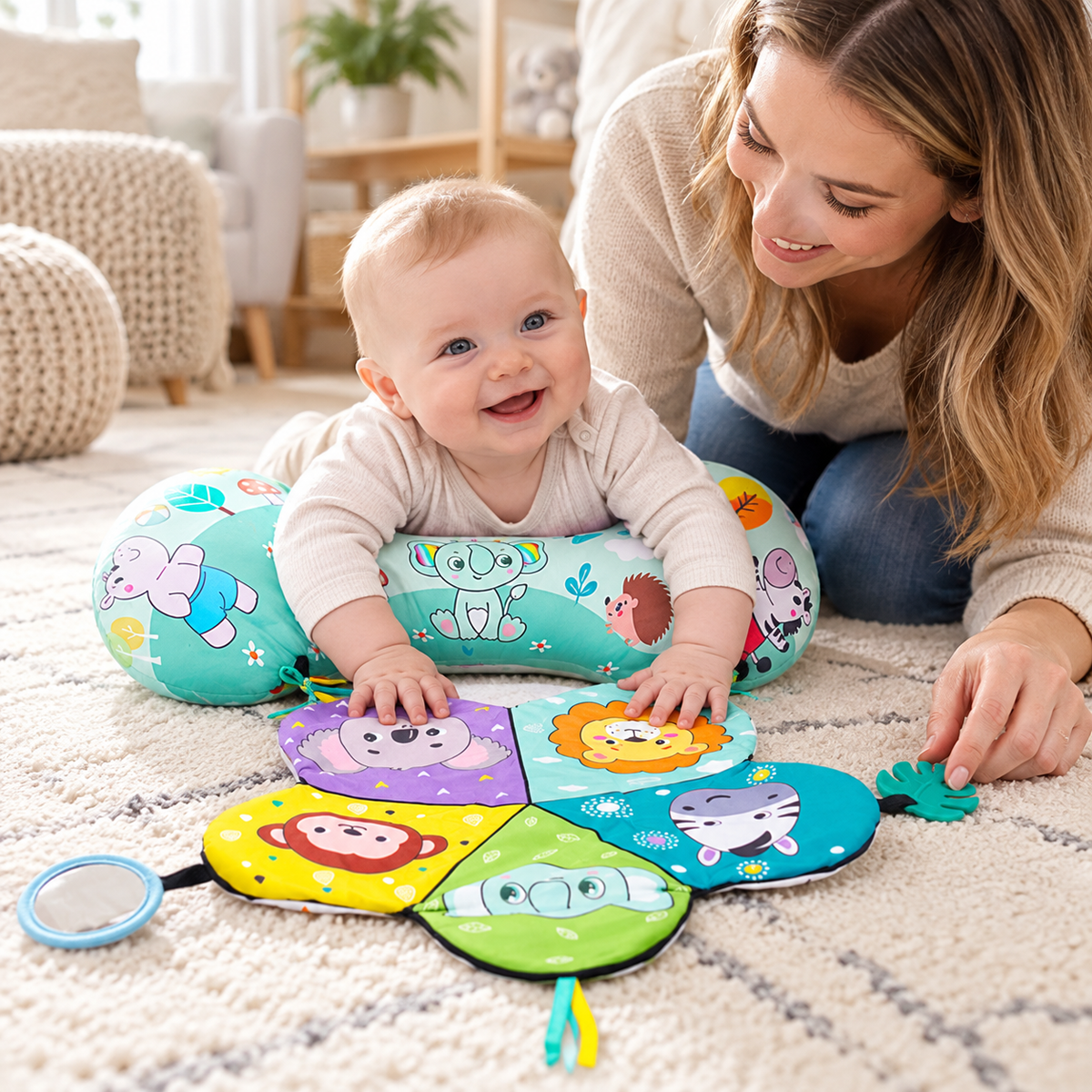 π Tummy Time Mat | Soft Padded Fabric | Floor Training | Growing Babies | Interactive Animal Play