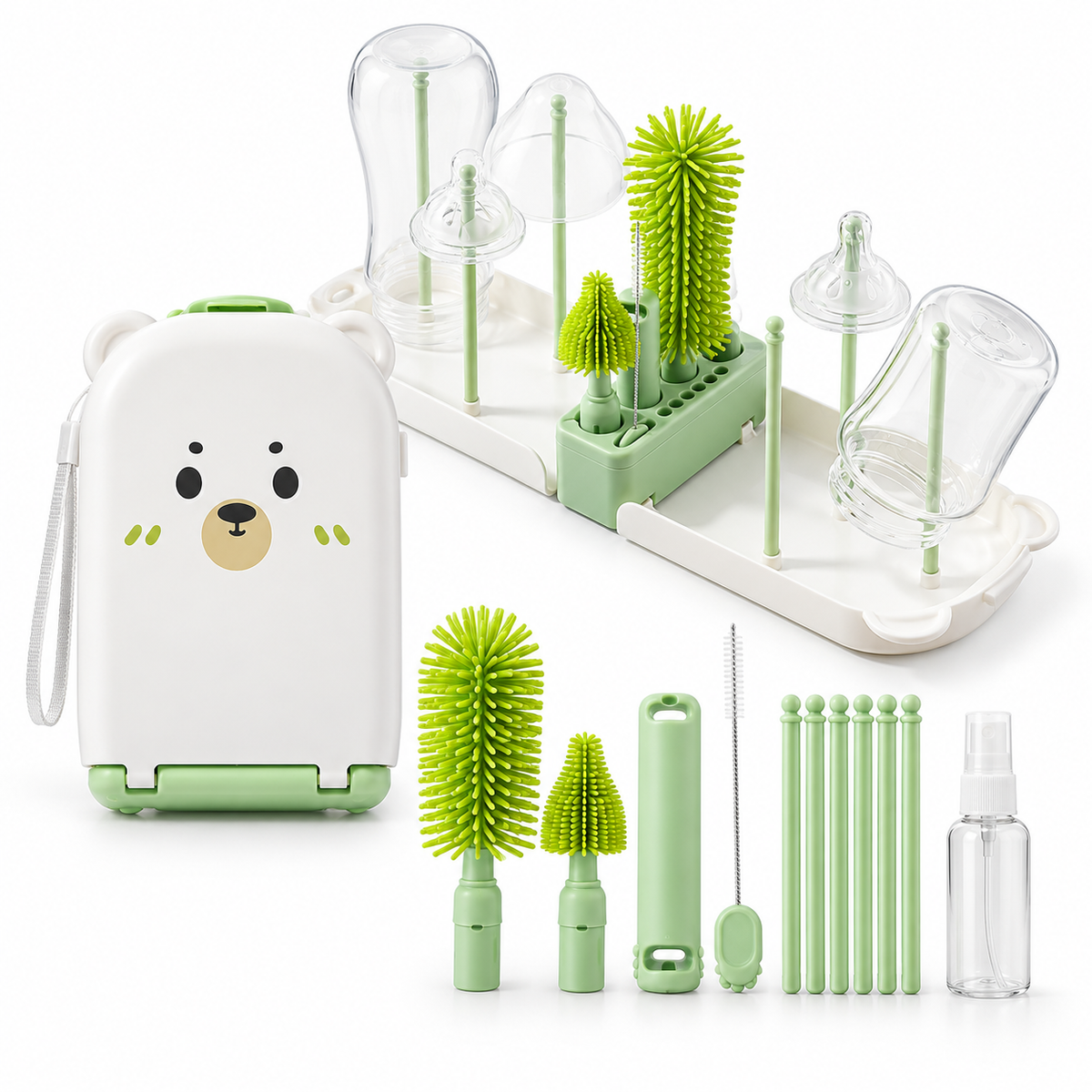 🧼 Bottle Brush Set | Food-Grade Silicone | Travel Cleaning | New Parents | Portable Drying Kit