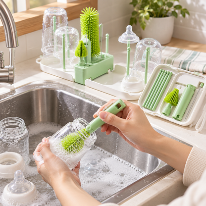 🧼 Bottle Brush Set | Food-Grade Silicone | Travel Cleaning | New Parents | Portable Drying Kit