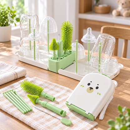 🧼 Bottle Brush Set | Food-Grade Silicone | Travel Cleaning | New Parents | Portable Drying Kit
