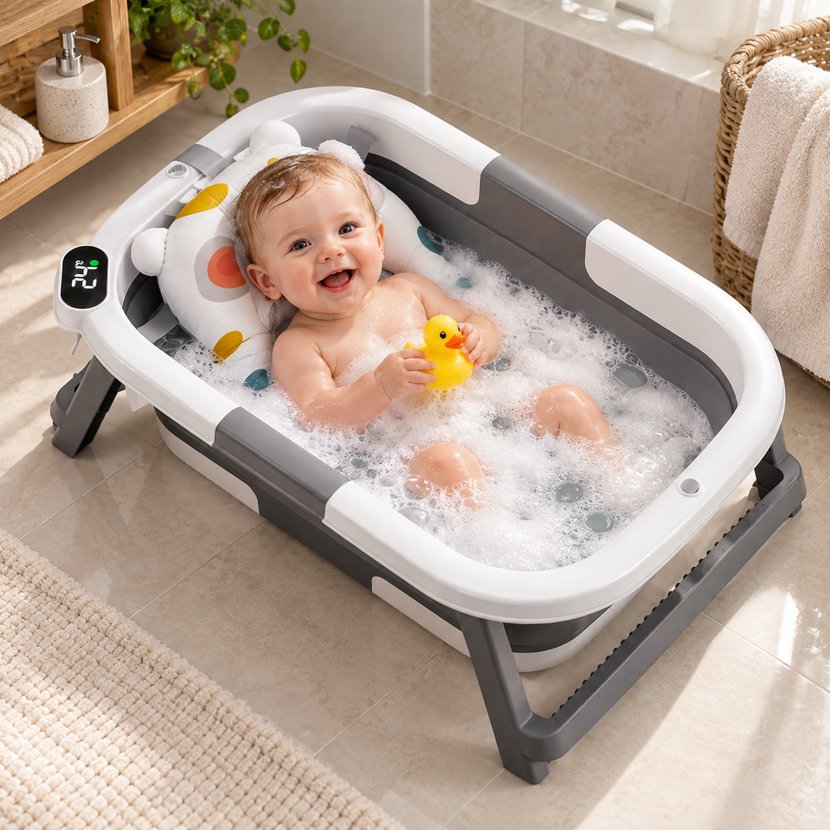 🛁 Baby Bathtub | Foldable Plastic | Bath Time | New Parents | Digital Temperature Display