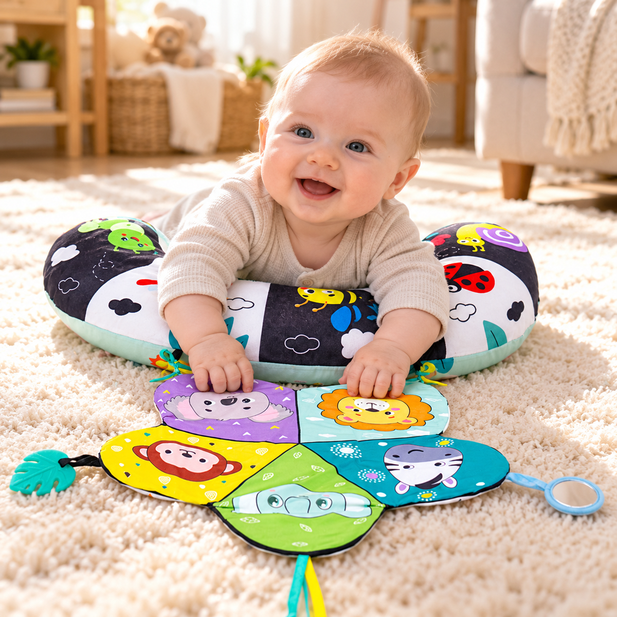 🐘 Tummy Time Mat | Soft Padded Fabric | Floor Training | Growing Babies | Interactive Animal Play