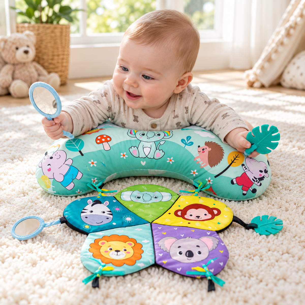 🐘 Tummy Time Mat | Soft Padded Fabric | Floor Training | Growing Babies | Interactive Animal Play